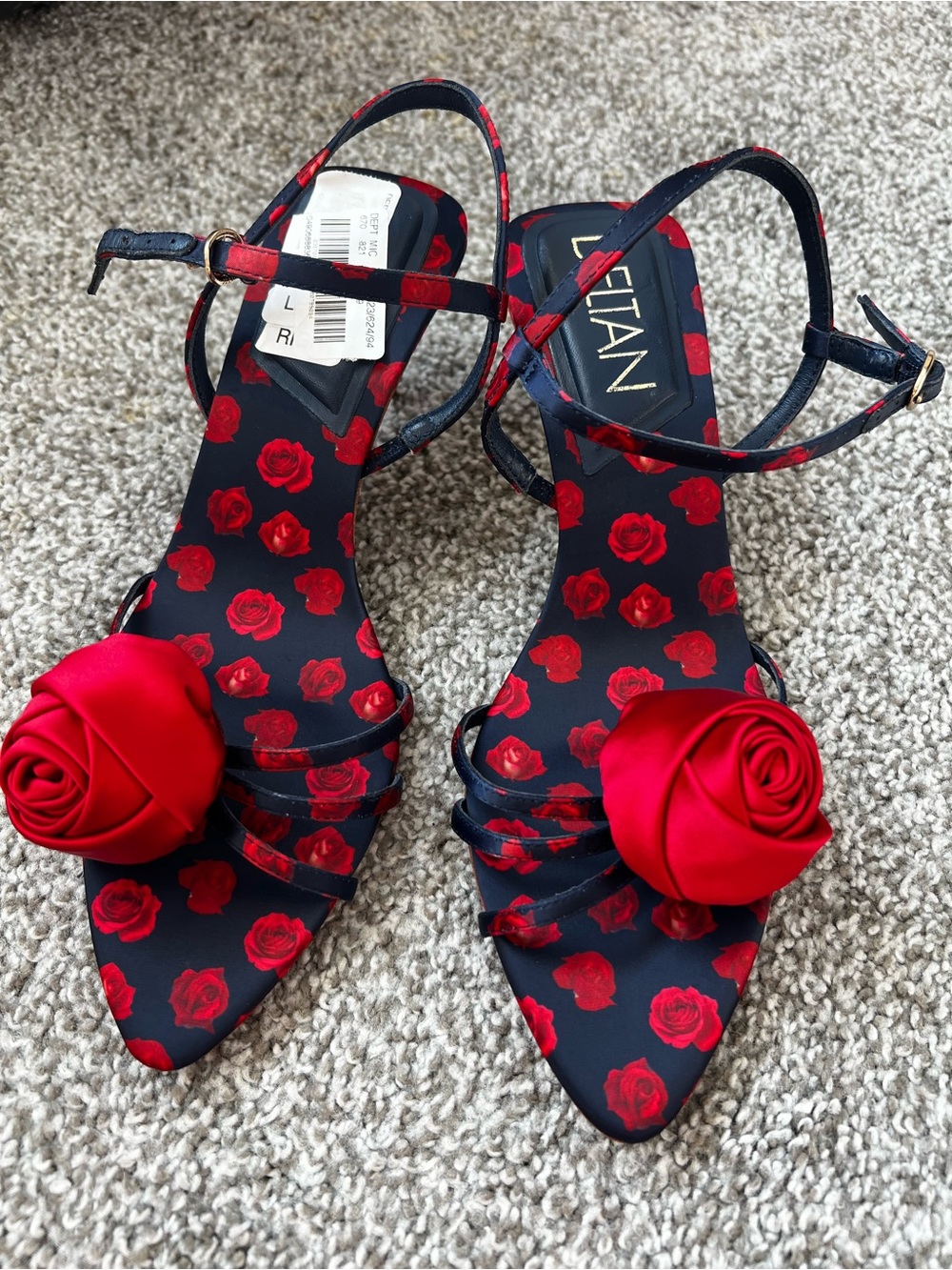 Leitan Women's Red Rose-Print Satin Strap Heels with Rose Accent